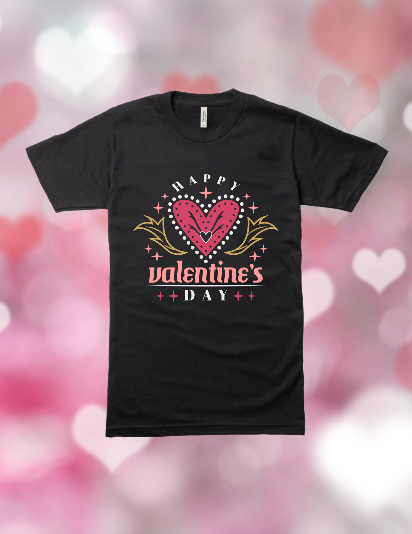 Black Short Sleeve Shirt features a red heart and gold accent